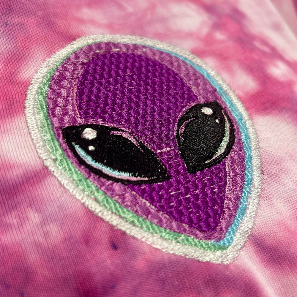 Alien Head Embroidery on tie-dye T-shirt