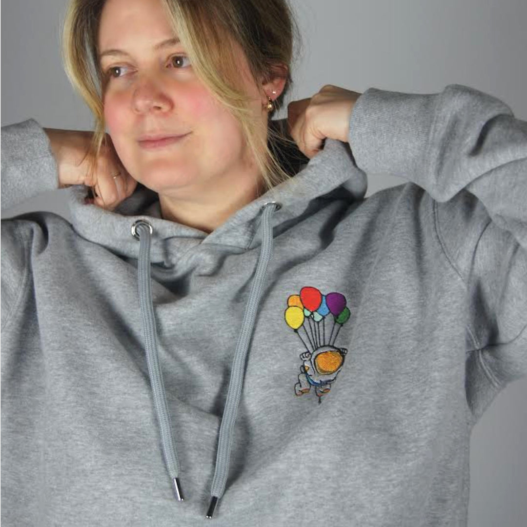 Balloon's Beyond Hoodie - Grey - hoodie - MillersMind - space-balloon-hoodie-grey-marl - ["big embroidery","embroidery","handmade","hoodie","large embroidery","organic"]