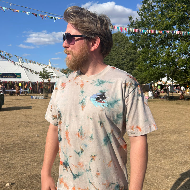 Surfing Reaper - Organic Cotton Tee in Orange & Emerald Tie-Dye