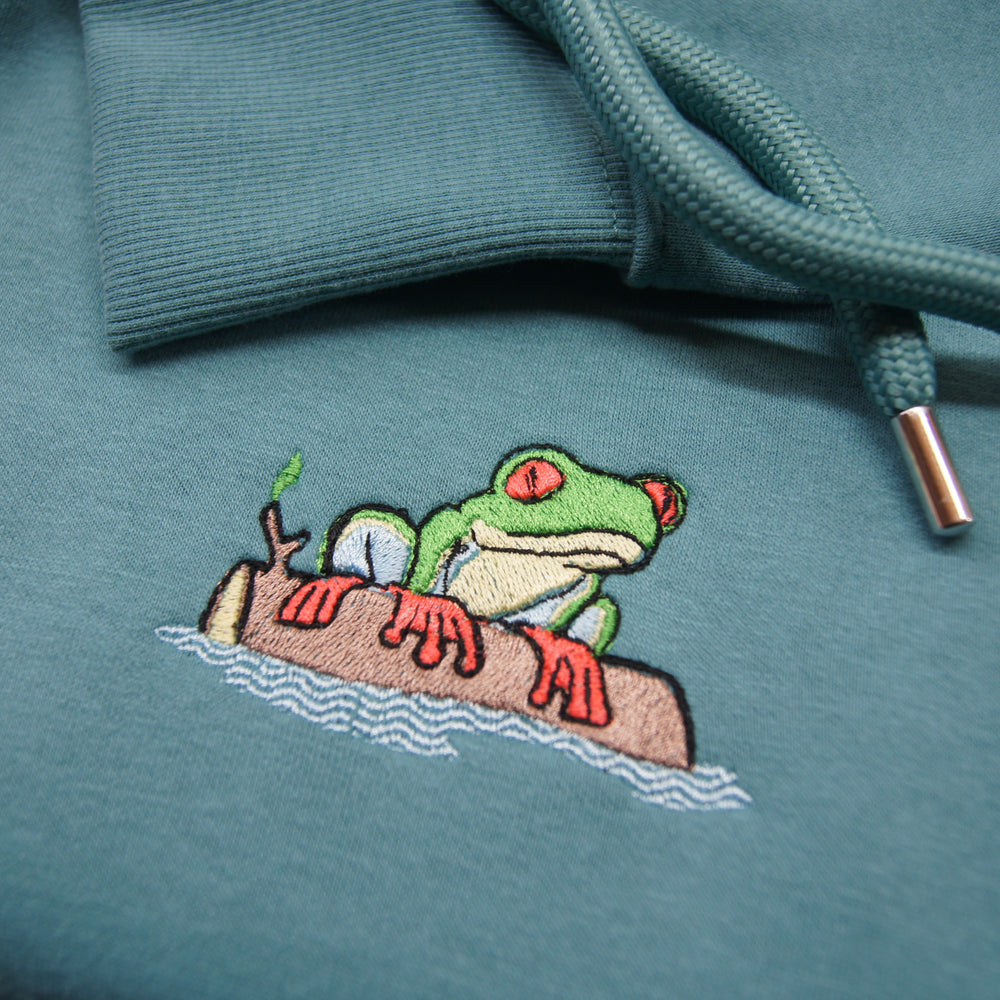 Frog on a Log Hoodie - hoodie - MillersMind - frog-on-a-log-hoodie - ["big embroidery","embroidery","handmade","hoodie","large embroidery","organic"]