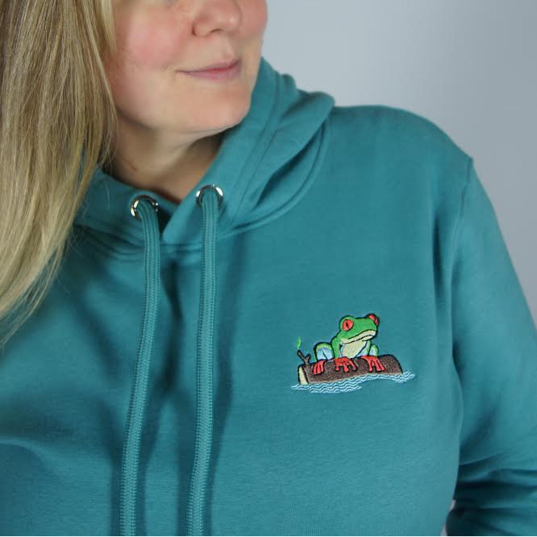 Frog on a Log Hoodie - hoodie - MillersMind - frog-on-a-log-hoodie - ["big embroidery","embroidery","handmade","hoodie","large embroidery","organic"]