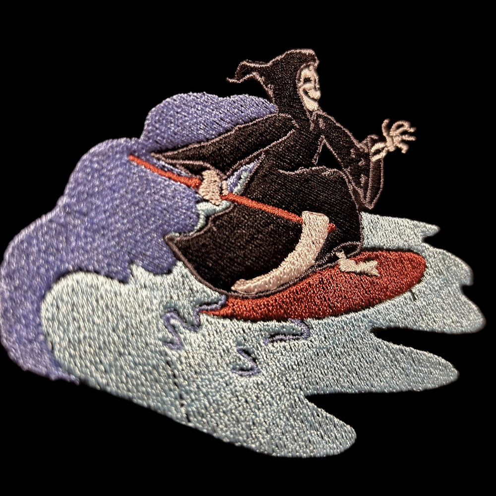 Embroidered patch of a Reaper Surfing on the sea