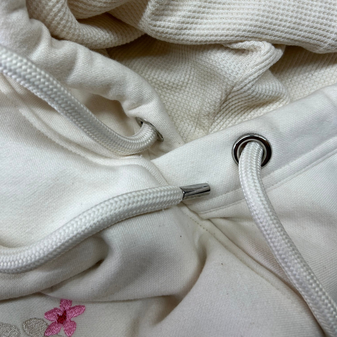 hoodie hood and drawstrings, waffle lined hood
