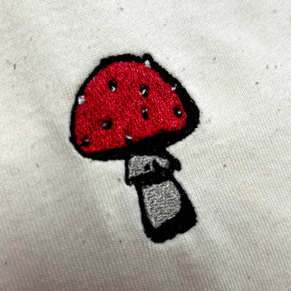 Red Embroidered Mushroom on Eco organic cotton tee