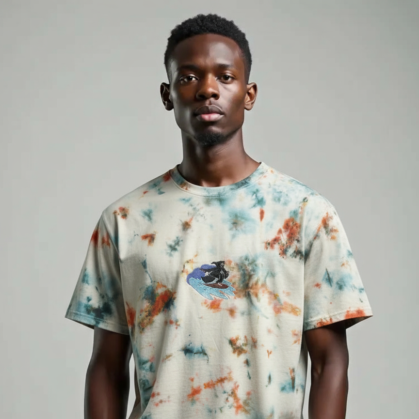 Man wearing a tie-dye t-shirt with a gray background