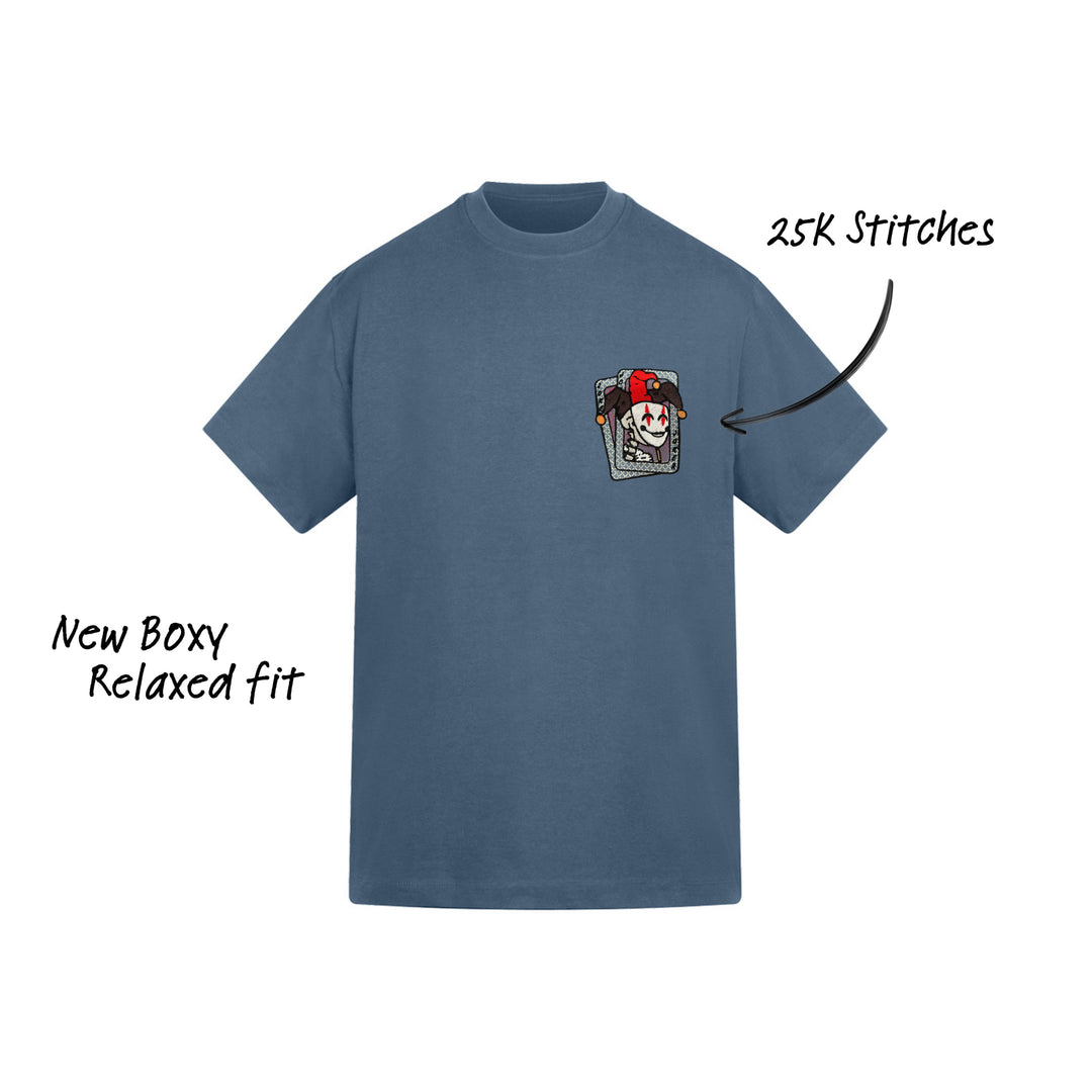 Blue t-shirt with a graphic design on the chest, labeled '25K Stitches' and 'New Boxy Relaxed fit'.