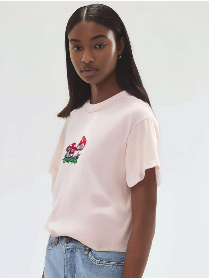 Eco Tee with tiny toadstools embroidery on the front centre
