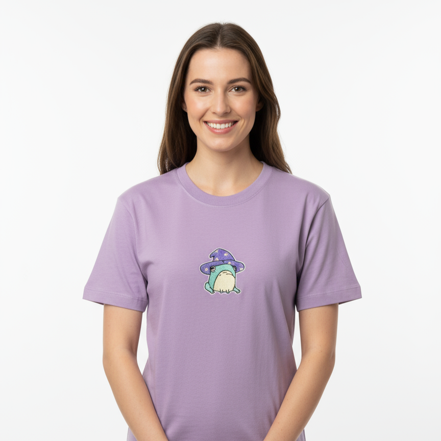 Woman wearing a purple t-shirt with a graphic design on a white background